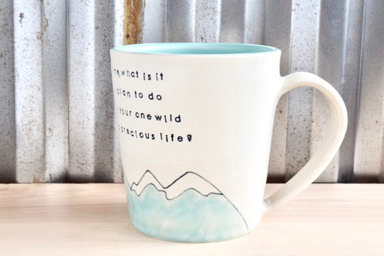 Mary Oliver Seafoam Mountain Heart Mug
