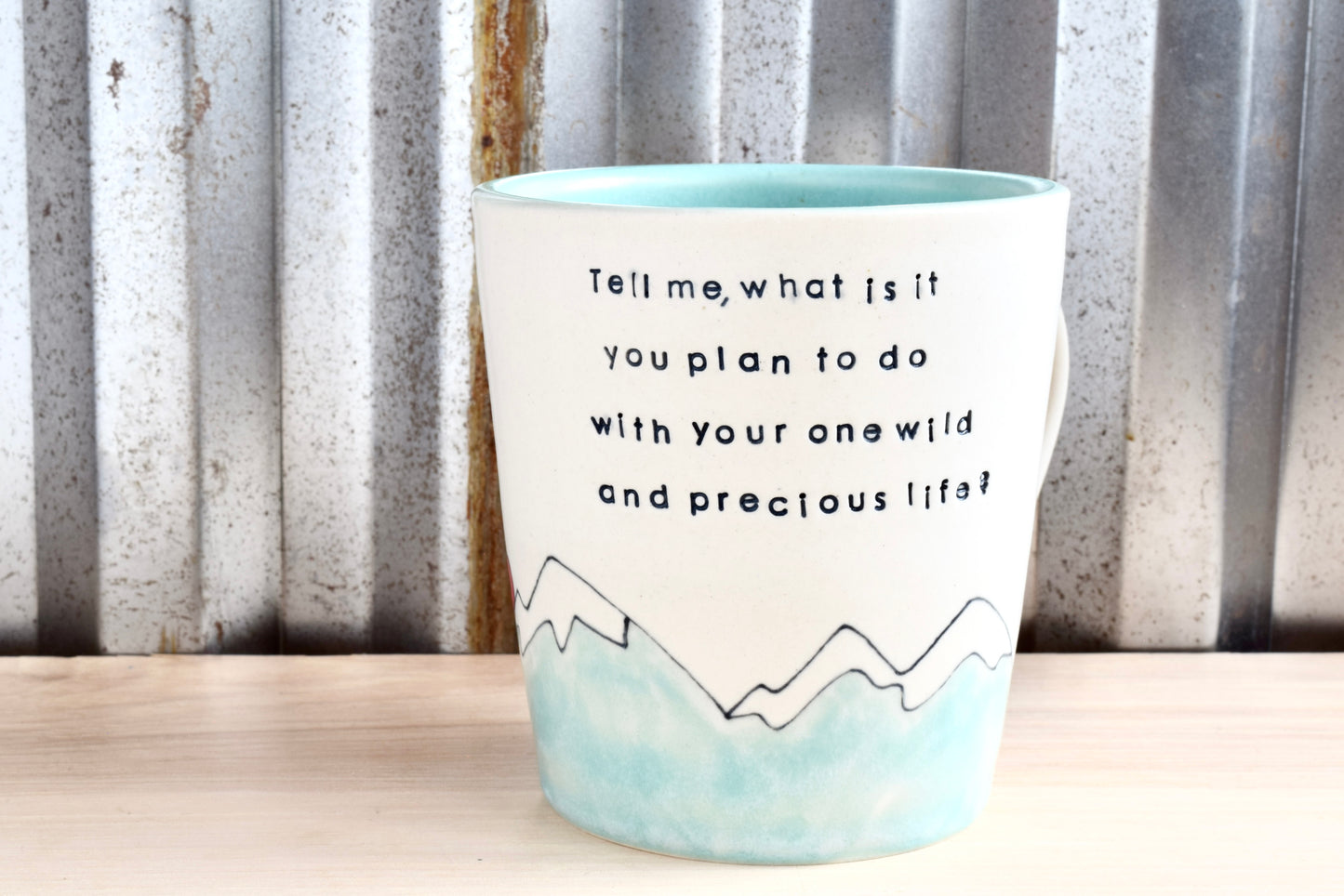 Mary Oliver Seafoam Mountain Heart Mug